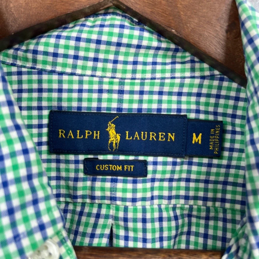 Ralph Lauren Shirt Mens M Green Blue Custom Fit Gingham Check Button Down Preppy